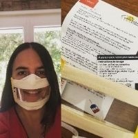 Montage photo d'une femme portant un Masque Sourire et de son colis de Masque Sourire