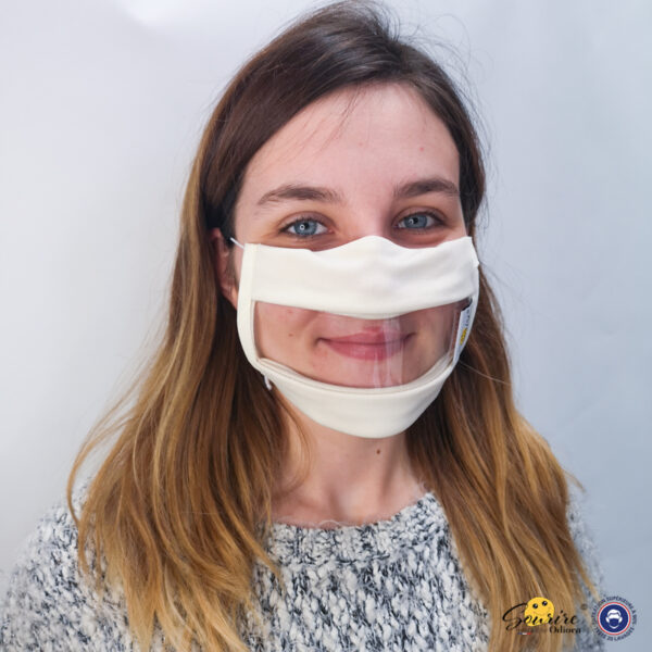 Masque Sourire blanc avec élastiques et une fenêtre transparente pour lire sur les lèvres