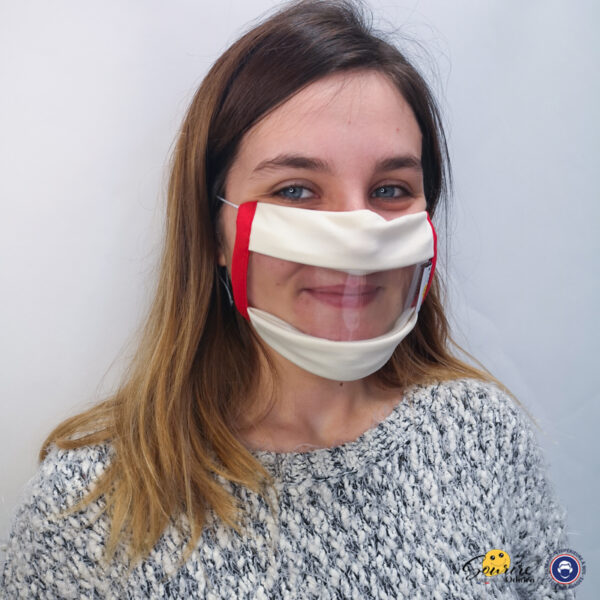 Masque Sourire rouge et blanc avec des élastiques et une fenêtre transparente pour voir les expressions du visage