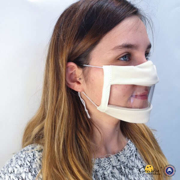 Masque Sourire blanc avec élastiques et une fenêtre transparente pour lire sur les lèvres