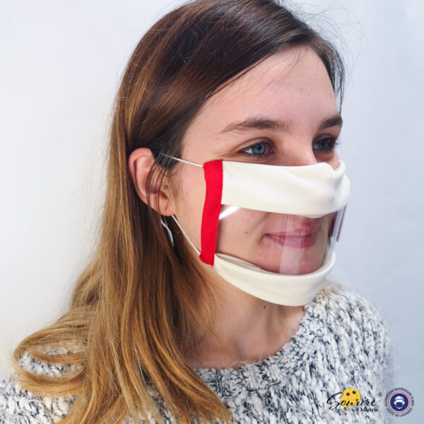 Masque Sourire rouge et blanc avec des élastiques et une fenêtre transparente pour voir les expressions du visage
